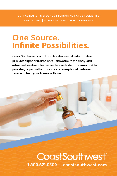 One Source. Infinite Possibilities. Coast Southwest is a full-service chemical distributor that provides superior ingredients, innovative technology, and advanced solutions from coast to coast. We are committed to providing top-quality products and exceptional customer service to help your business thrive. Surfectants, silicones, personal care specialties, anti-aging, preservatives, oleochemicals. Coast Southwest. 1-800-621-0500 or coastsouthwest.com.